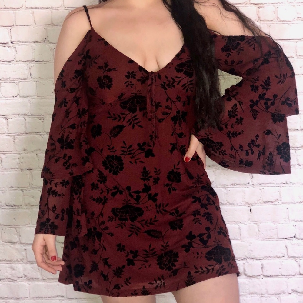 Maroon Velvet Dress with floral detail